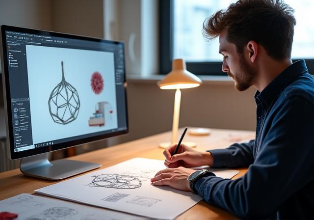 A designer sketching a custom lamp next to a 3D model on a computer.